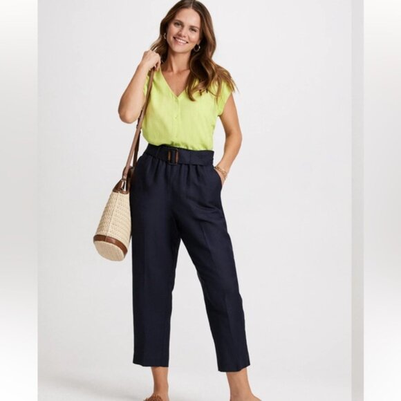 Laura Linen blend belted capri pants summer marine blue - Picture 2 of 9